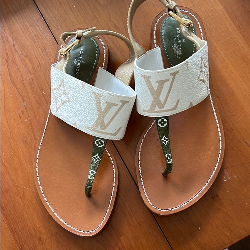 Louis Vuitton Tan White Leather Sandals with Monogram